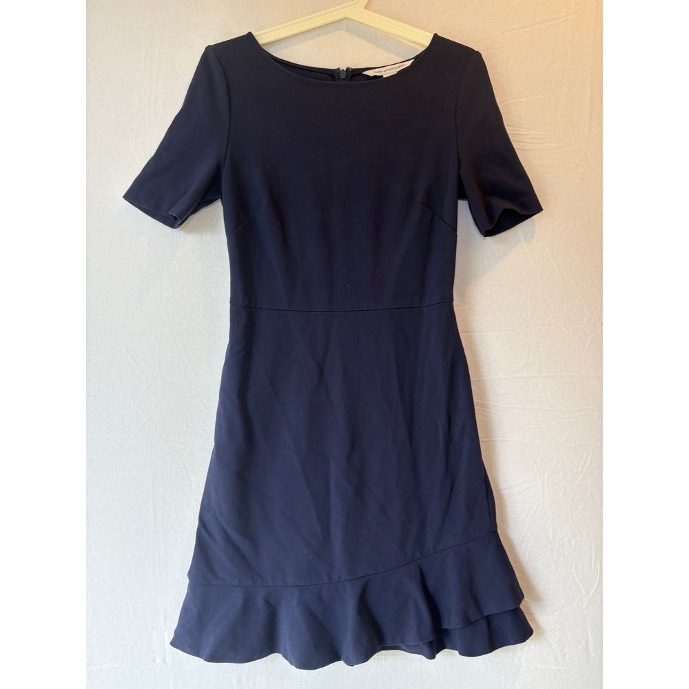 Diane von Furstenberg Navy Blue‎ Ruffle Hem Short Sleeve Sheath Dress Size 4 - Picture 2 of 10